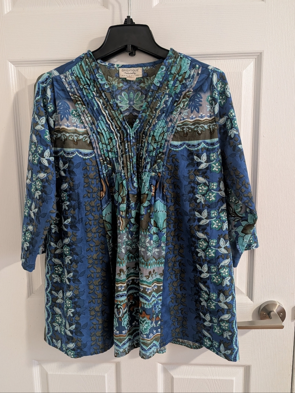 Orientique Naturally Blue Floral Organic Cotton Pintuck Tunic Top Boho Chic Sz S